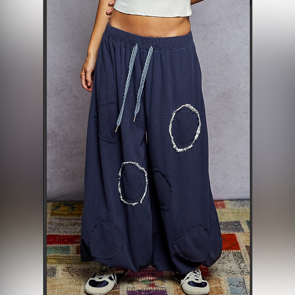 POL Navy Blue Wide-Leg Jogger Heart Patch Pants